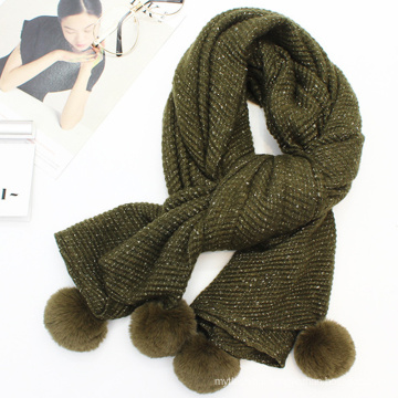 Fashion pom pom scarf shawl bling bling crinkle lady pashmina scarf with fur ball